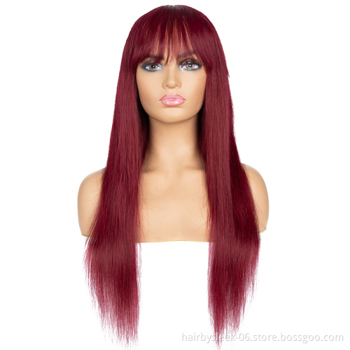 Wholesale 16~28 inches Straight Wig With Bang Brazilian Remy Human Hair Wig Burgundy Orange brown black Full Machine Made Wig